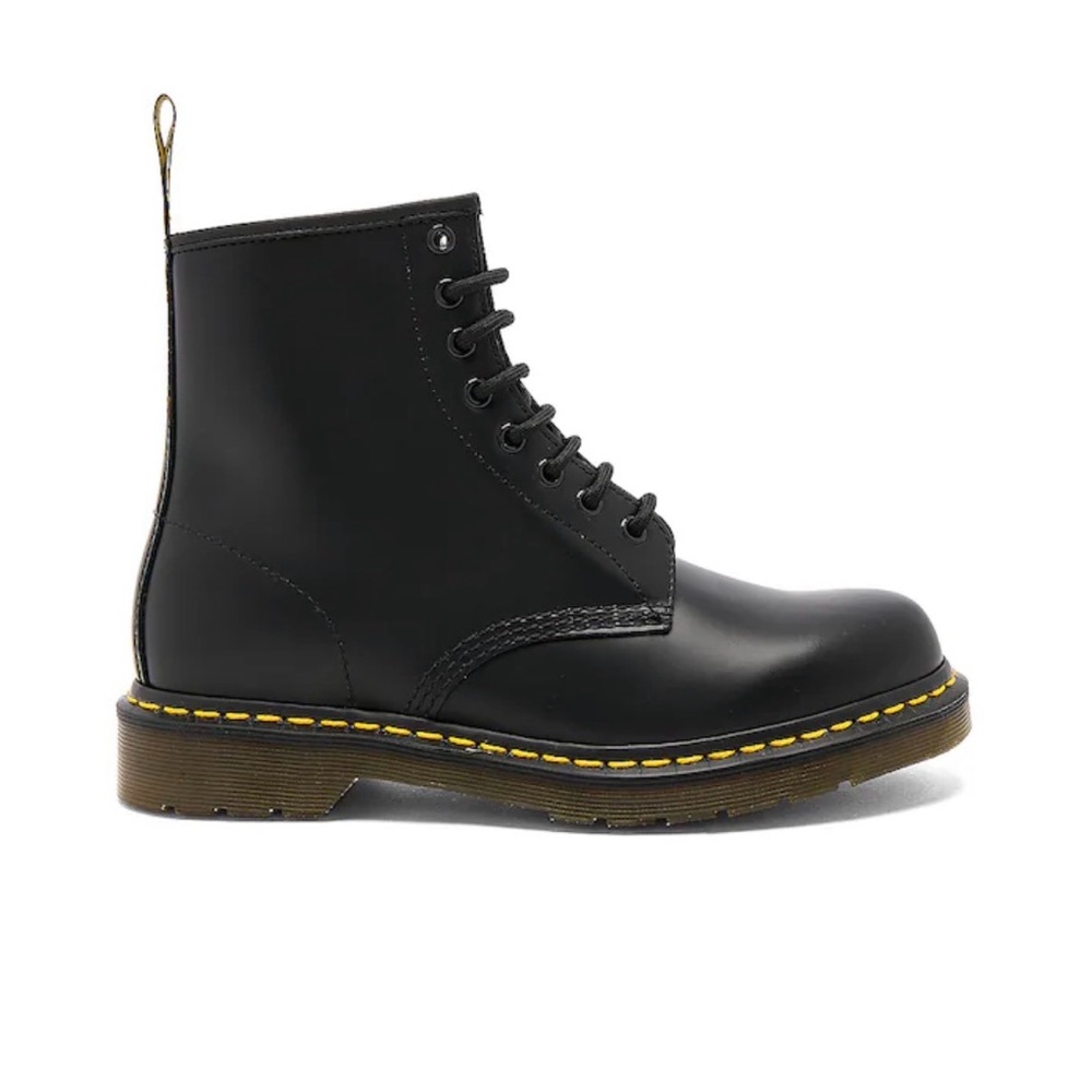 Dr. Martens Black Leather 6-Eye Lace-Up Boots with Yellow Stitching